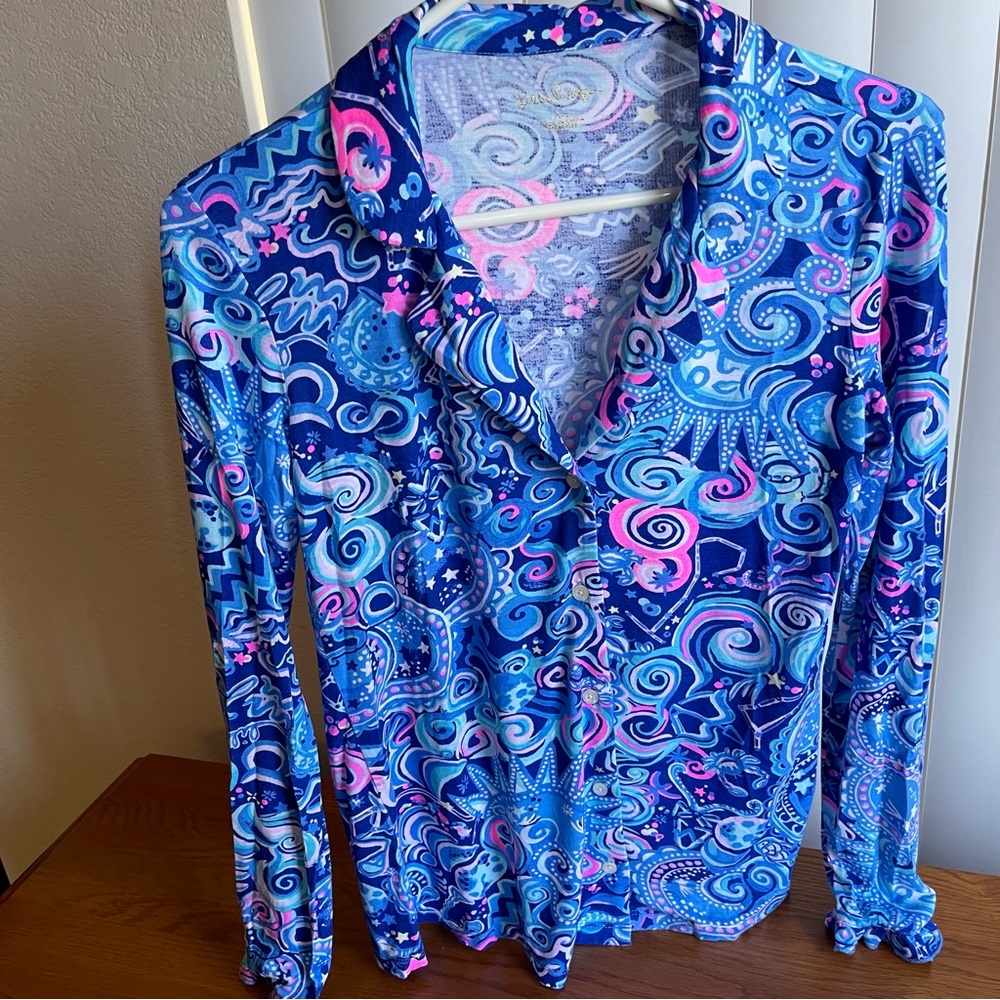 Lilly Pulitzer Ruffle PJ Button-Up Top Cosmic Kismet Size XS